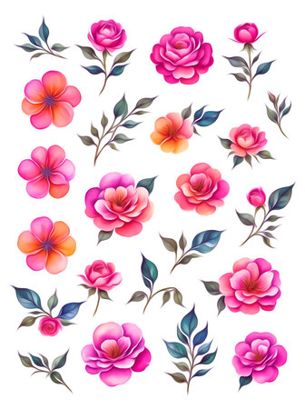 Flower set with pink and red flowers and green leaves. Vector illustration.の写真素材