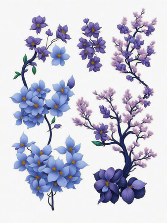 Set of stylized blue flowers and branches on a white background.の写真素材