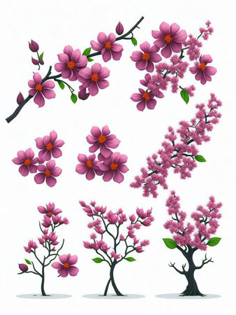 Set of pink flowers and branches on white background. Vector illustration.の写真素材