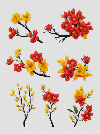 Flowering branch with red and yellow flowers on a white backgroundの写真素材
