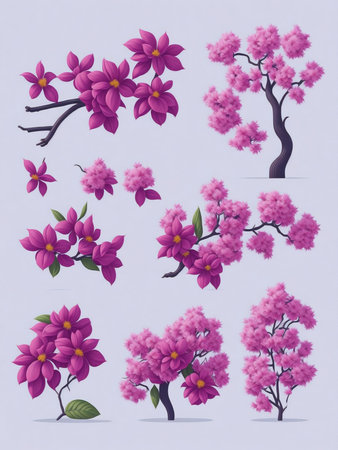 Set of pink magnolia tree with blooming flowers. Vector illustration.の写真素材