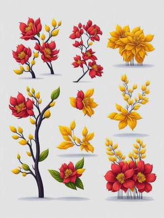 Set of stylized trees with red and yellow flowers. Vector illustration.の写真素材