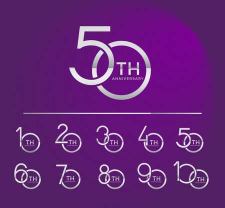 set of anniversary logo style silver color overlapping number on purple background for celebrationのイラスト素材