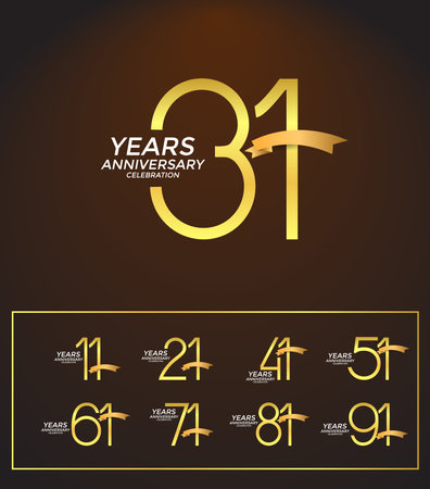 set of anniversary logotype golden color with golden ribbon on brown background for celebrationのイラスト素材