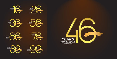 set of anniversary logotype golden color with golden ribbon on brown background for celebrationのイラスト素材