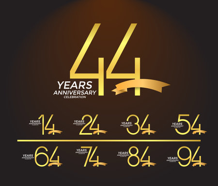 set of anniversary logotype golden color with golden ribbon on brown background for celebrationのイラスト素材