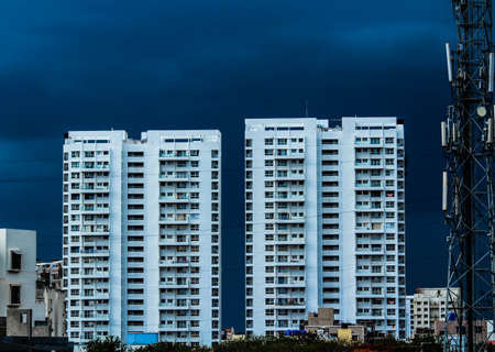 Dark blue sky warning us for heavy rainの写真素材