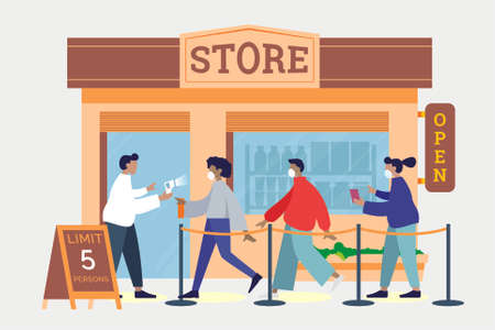 store with limited number persons spread out waiting lines corona virus effect on market placeのイラスト素材