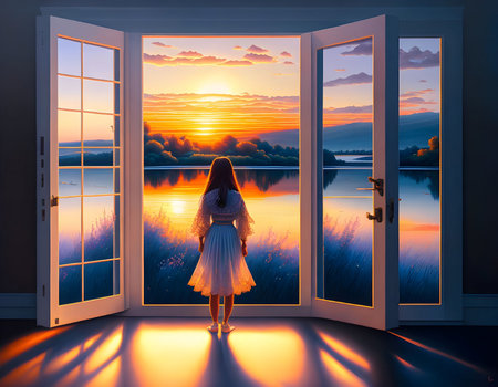 Woman standing in front of open door with sunrise over the lake. over the river.の素材