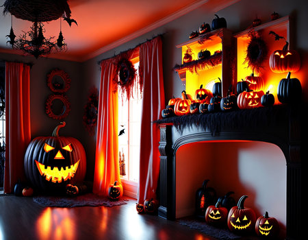 Halloween pumpkins and fireplace in the room. 3d renderの素材