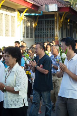 Bhuddists are praying and doing rite on Magha Puja Day, Febuary 14, 2014 in Yala, Thailandのeditorial素材