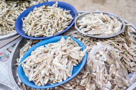 Salted fishes shop in Thai urban village market on March 6, 2014 in Nakornsrithammarat, Thailand.のeditorial素材