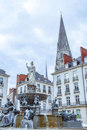 Main Square, fountain and church. Nantes, Franceの写真素材