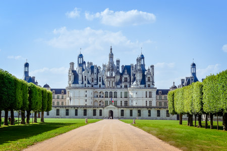 CHAMBORD CASTLE, FRANCE - JULY 07, 2017: Frontal view in a sunny day in Chambord castle, France on July 07, 2017のeditorial素材