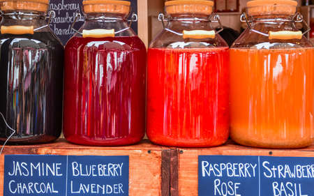 Organic handmade juices at a local food street market. NEW YORK. U.S.