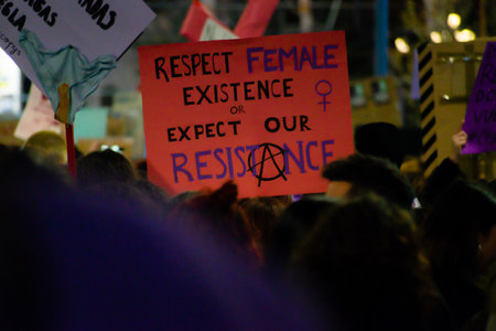 MADRID, SPAIN - MARCH 8, 2019: Massive feminist protest on 8M in favour of women's rights and equality in society. Protest posters could be seen during the demonstration, in Madrid, Spain on March 8, 2019のeditorial素材