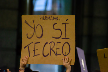 MADRID, SPAIN - MARCH 8, 2019: Massive feminist protest on 8M in favour of women's rights and equality in society. Protest posters could be seen during the demonstration, in Madrid, Spain on March 8, 2019.のeditorial素材