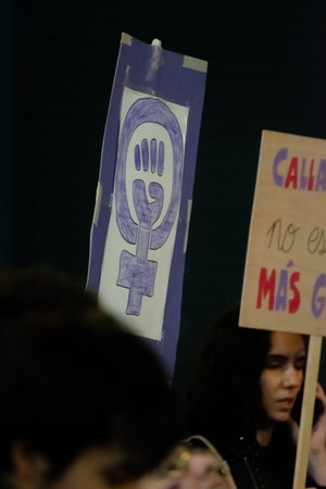 MADRID, SPAIN - MARCH 8, 2019: Massive feminist protest on 8M in favour of women's rights and equality in society. Protest posters could be seen during the demonstration, in Madrid, Spain on March 8, 2019.のeditorial素材