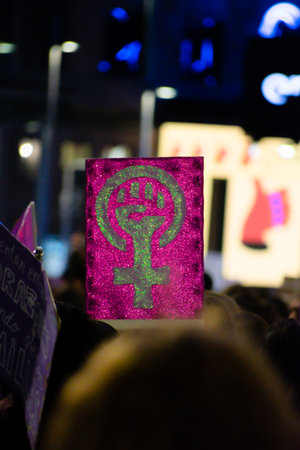 MADRID, SPAIN - MARCH 8, 2019: Massive feminist protest on 8M in favour of women's rights and equality in society. Protest posters could be seen during the demonstration, in Madrid, Spain on March 8, 2019のeditorial素材