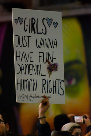 MADRID, SPAIN - MARCH 8, 2019: Massive feminist protest on 8M in favour of women's rights and...