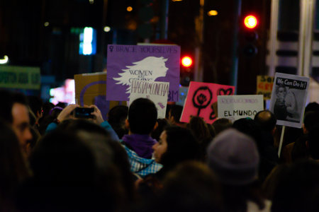MADRID, SPAIN - MARCH 8, 2019: Massive feminist protest on 8M in favour of women's rights and equality in society. Protest posters could be seen during the demonstration, in Madrid, Spain on March 8, 2019.のeditorial素材