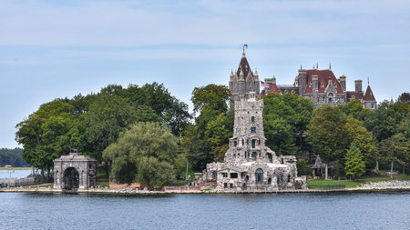 Panoramic view of Boldt castle in Heart Island. Located in the border between Canada and United States. Thousands Islands. Ontario, Canada.のeditorial素材