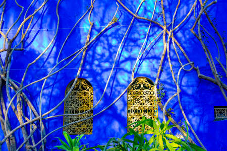 Bright blue wall and complementary yellow windows in the Jardin Majorelle Concept of travel and architecture. Marrakech, Moroccoの写真素材