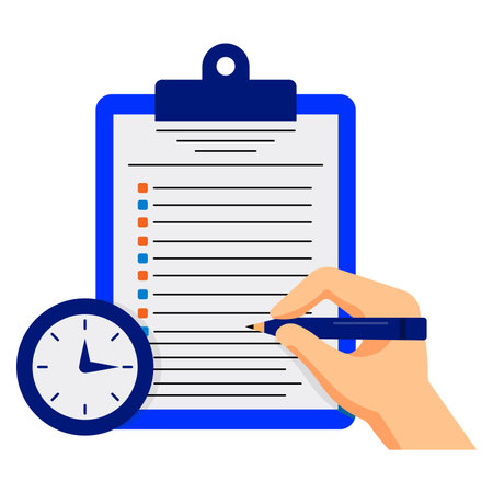 Hand holding pen and writing in clipboard with clock. Vector illustration.のイラスト素材