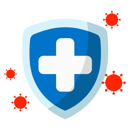Protection shield with medical cross and coronavirus. Vector illustration.のイラスト素材