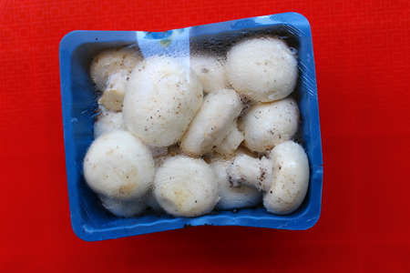 Raw edible white mushrooms inside a plastic boxの写真素材
