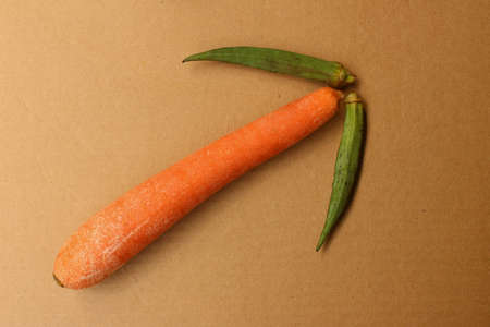 Arrow created with raw ladies fingers and carrot depicting growth of the agriculture sectorの写真素材