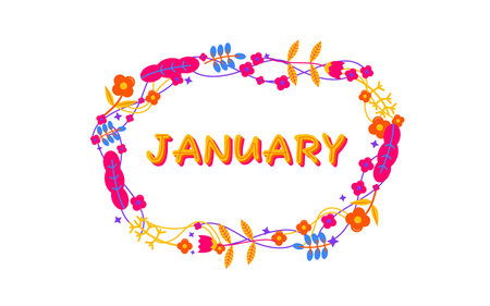 Floral Colorful January Lettering Vector Design EPS10 great for projects related to January or greeting card or as a wallpaper or any other related purposesのイラスト素材