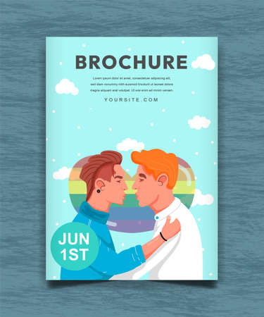 Gay Couple Kissing LGBT Pride Month Brochure Design Concept two men kissing, couple, love rainbow pride flag, clouds, and skyのイラスト素材