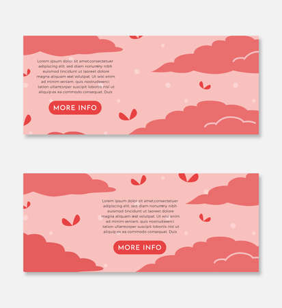 EPS10 pink lovely clouds with love wings flying background banner set with description box and a more info button perfect for your website isolated on a light grey backgroundのイラスト素材