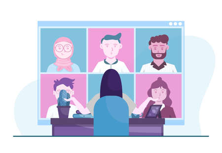 woman video online conferencing with clients business concept flat illustration, work from home concept, online class concept, webinar conceptのイラスト素材