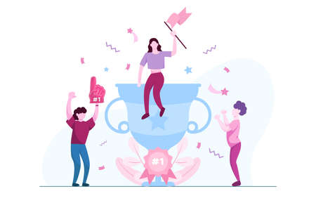 EPS10 team of man and women employees celebrating winning of a golden trophy business flat illustration with festive confetti designのイラスト素材