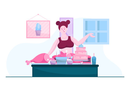 EPS10 flat illustration concept of a woman with bra and stylish hairstyle doing a mukbang or an eating show consists of fried chicken in a bucket, a birthday cake, a cocktail, etcのイラスト素材