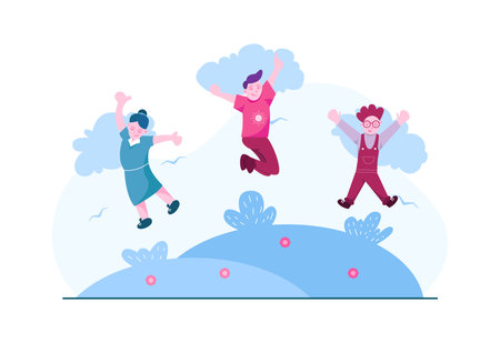EPS10 flat illustration of three children two boys and one girl jumping on beautiful summer meadow with flowers on it isolated on an abstract blue backgroundのイラスト素材