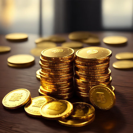 This digital artwork features super realistic 3D ray tracing of stacked gold coins above a wooden table. The lifelike rendering showcases the intricate details of the coins.の素材