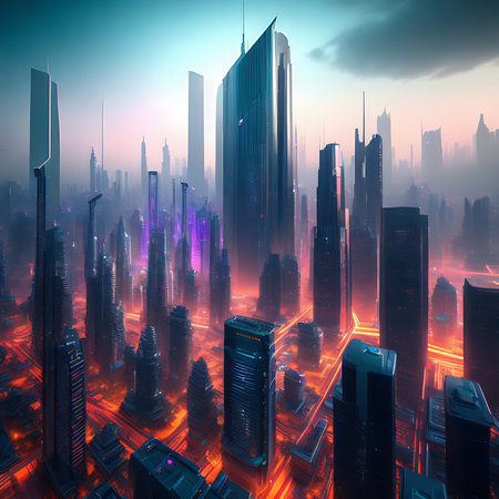 3D Futuristic Neon-lit Skyscrapers Ultra-realistic Illustrationの素材