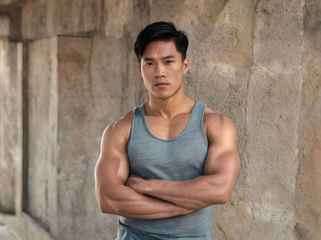 Mid Adult Handsome Asian Muscular Guy in Tank Top Crossing Arms while Looking at Camera Portraitの素材