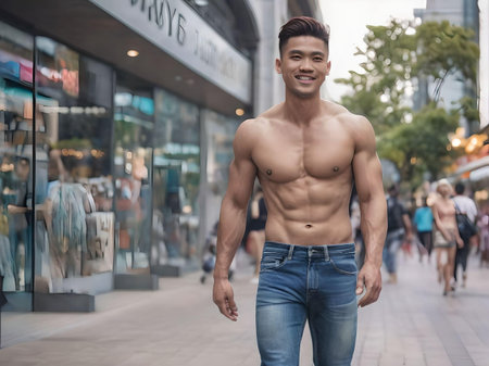 Asian Muscular Shirtless Guy Smiling and Walking Wearing Jeans in City Streetの素材