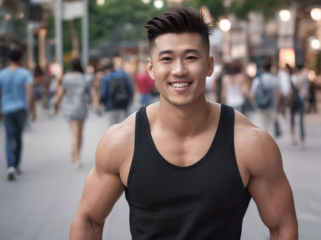 Muscular Asian Guy Smiling in Black Tank Top Looking at Camera Portrait with Pedestrians Backgroundの素材