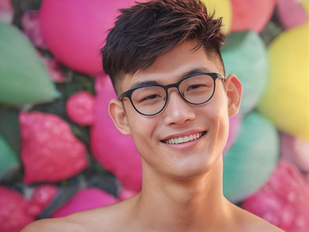 Smiling Asian Guy Shirtless Wearing Glasses with Trendy Hairstyle Looking at Camera Isolated on Abstract Colorful Backgroundの素材