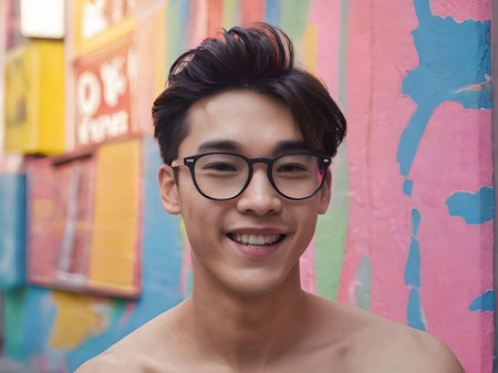 Good Looking Asian Guy Smiling Portrait Wearing Glasses Looking at Camera on Abstract Colorful Backgroundの素材