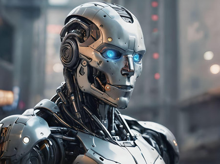 Mechanical Futuristic Steel Robot with Illuminating Blue Eyes Portrait Isolated on City Skyscrapers Backgroundの素材