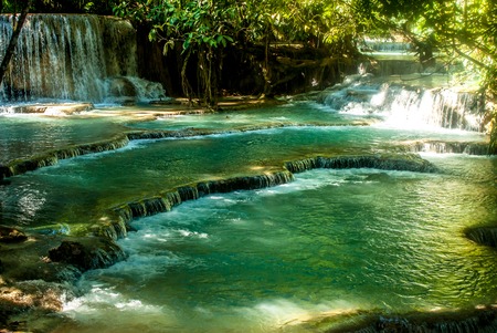 The idyllic Kuang Si Waterfall near Luang Prabang, Laosの写真素材