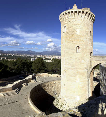 Panoram picture of Torre de Homenatge  main tower  of Castell Bellver in Palma de Mallorcaのeditorial素材