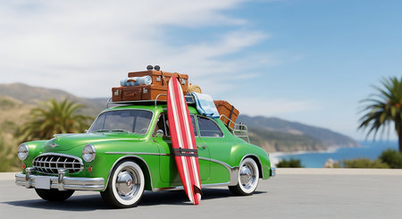 Vintage car with luggage and surfboard on the roof. 3d renderの素材