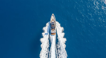 Aerial view of a luxury yacht sailing in the blue sea.の素材